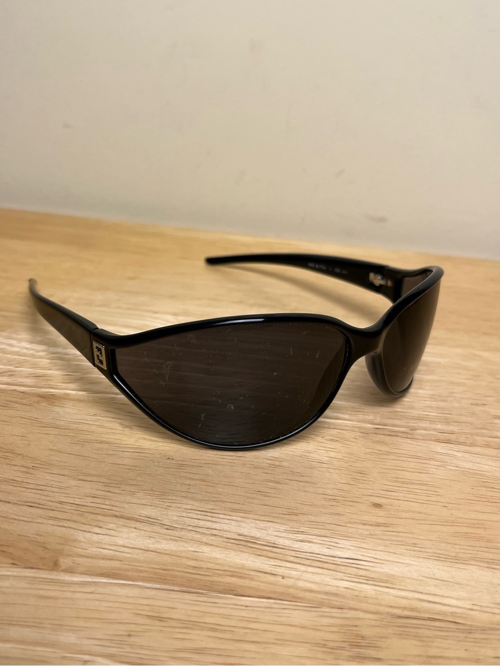FENDI Vintage Y2K Shield Sunglasses Black Zucca FF Logo Cat Eye Wrap Around